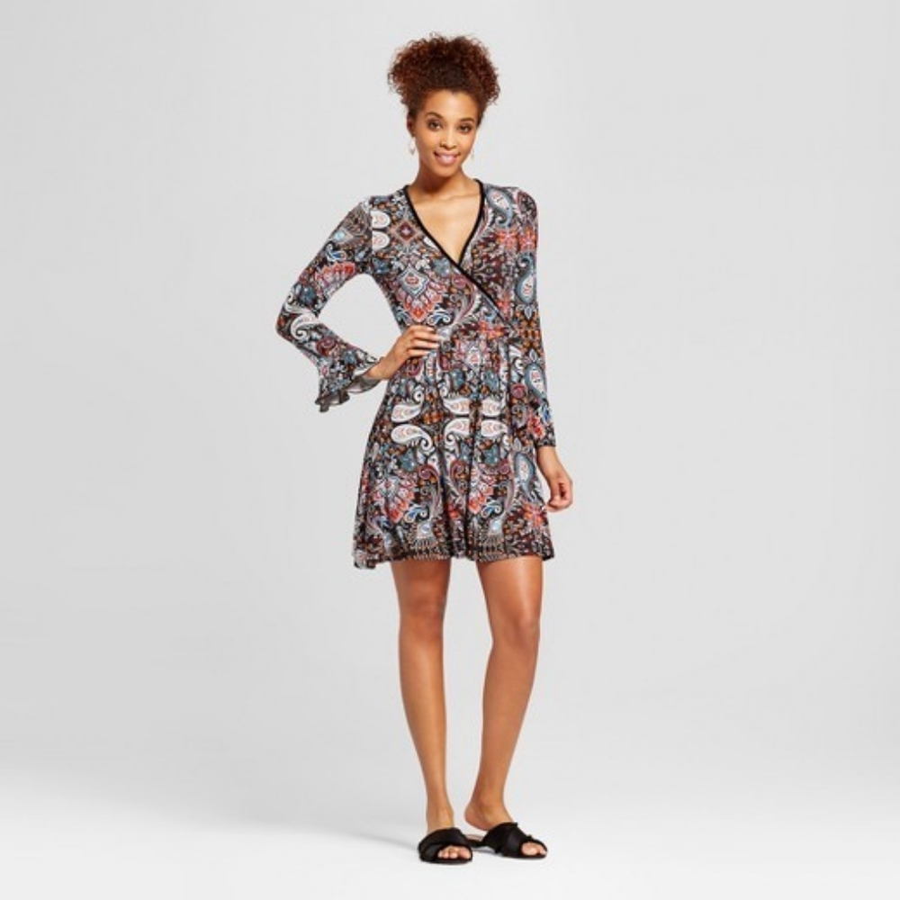 Xhilaration Paisley Dress Multi Colored, Brown Background with Bell Sleeves Med